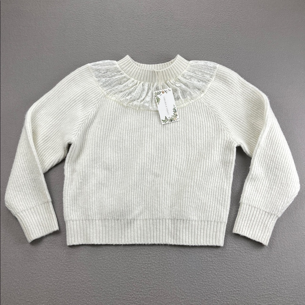 Chelsea & Violet Lace Collar Sweater Cream Ribbed Knit Size M